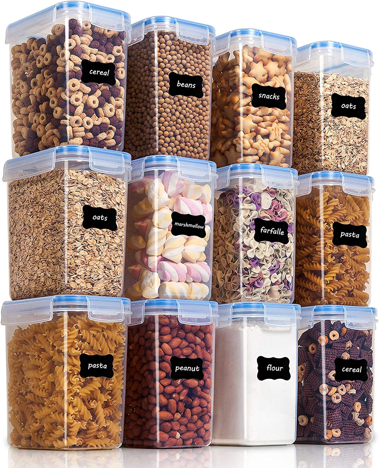 Airtight Food Storage Containers 12 Pieces 1.5Qt / 1.6L- Plastic BPA Free Kitchen Pantry Storage Containers for Sugar, Flour and Baking Supplies - Dishwasher Safe - Include 24 Labels, Blue