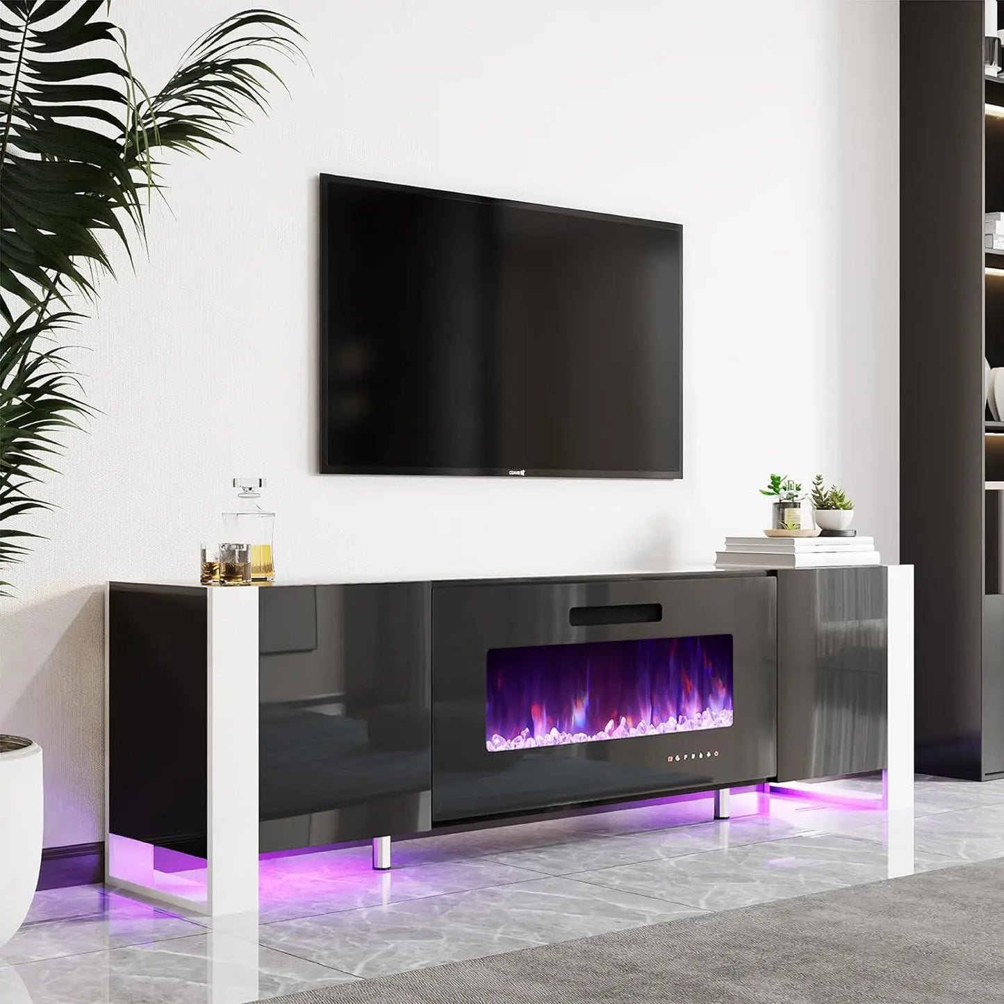 TV Stand with 36" Fireplace, 70" Modern High Gloss Entertainment Center LED Lights, TV Console Cabinet for TVs Up To 80", Black