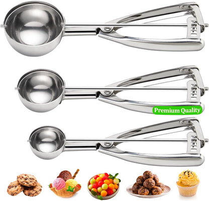 Cookie Scoop Set of 3 - Ice Cream Scoop with Trigger Include 1.5 Tbsp / 2.8 Tbsp / 5.4 Tbsp - 18/8 Stainless Steel Heavy Duty Cookie Dough Scoop for Baking Melon Baller Meatball Cupcake Muffin