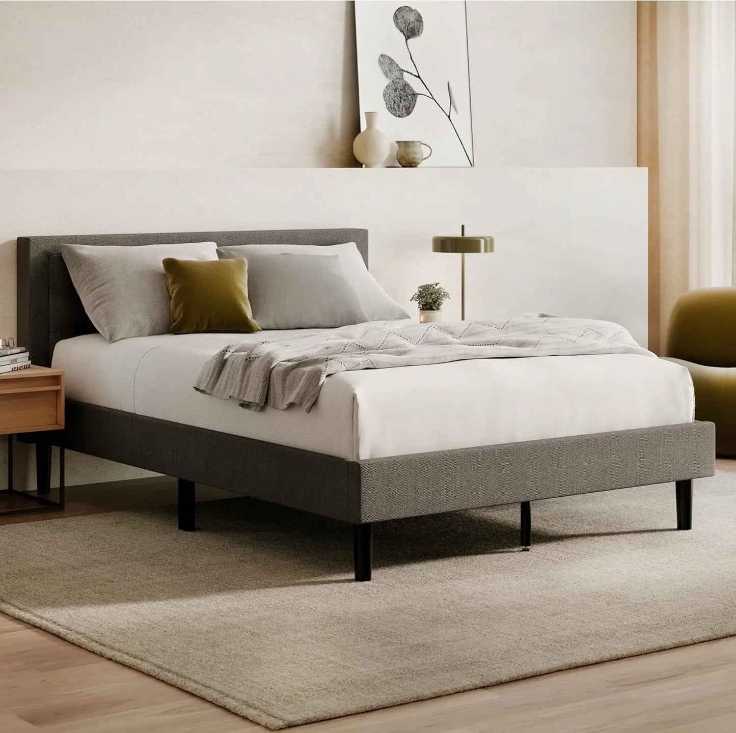 bed.Bed Frame & Headboard - Gray Queen -8 Inch Legs and Sturdy Wooden Slats for Support Contemporary and Durable Upholstery