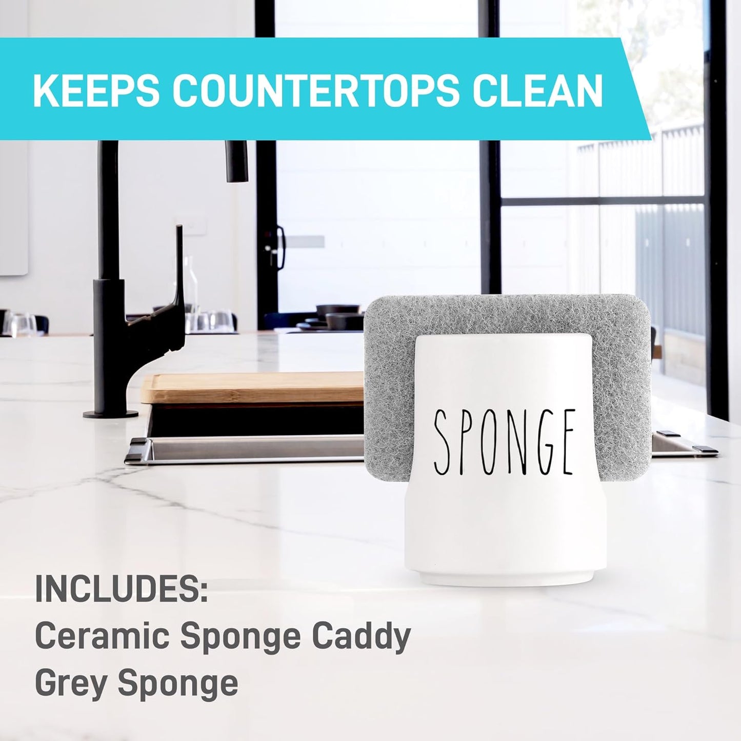 Sponge Holder for Kitchen Sink Counter - Ceramic Dish Sponge Caddy - Farmhouse Sink Organizer - Convenient Kitchen Sponge Holder - White Ceramic Sponge Rack - Sink Counter Accessories