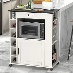 Rolling Kitchen Island Cart with Large Storage, Microwave Stand, Open Shelves, Wine Rack, Power Outlet, Bar Cabinet for Dining