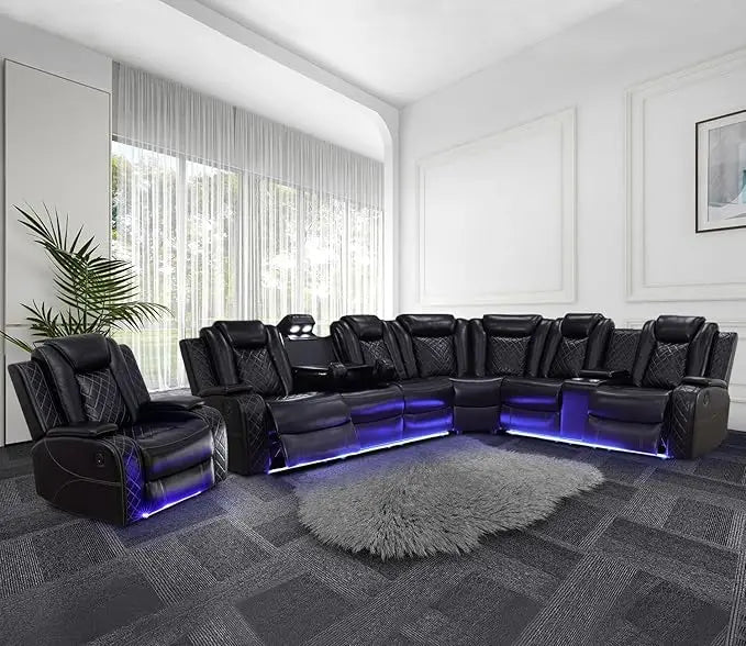 Recliner, Power Recliner Sofa Sectional Couches with LED Light, Leather Reclining Corner Sectional Sofa Set with 3 Recliner Seat