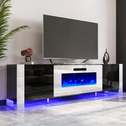 TV Stand with 36" Fireplace, 70" Modern High Gloss Entertainment Center LED Lights, TV Console Cabinet for TVs Up To 80", Black