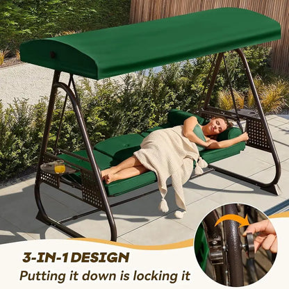 3 in 1 Adjustable Canopy Outdoor Porch Swing 3 Seat Chair with Thick Cushions Pillows Heavy Duty Comfortable Patio Glider