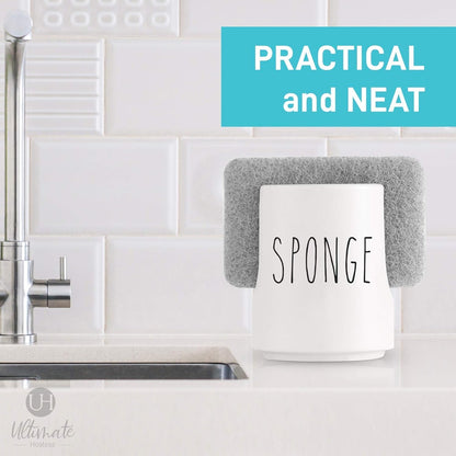 Sponge Holder for Kitchen Sink Counter - Ceramic Dish Sponge Caddy - Farmhouse Sink Organizer - Convenient Kitchen Sponge Holder - White Ceramic Sponge Rack - Sink Counter Accessories